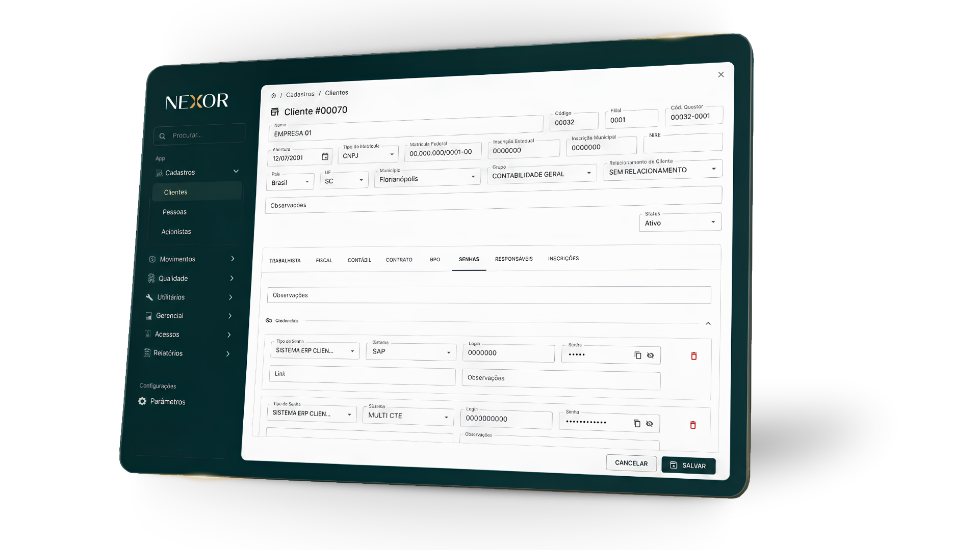 Interface do Nexor exibindo o cadastro centralizado de clientes do escritório contábil