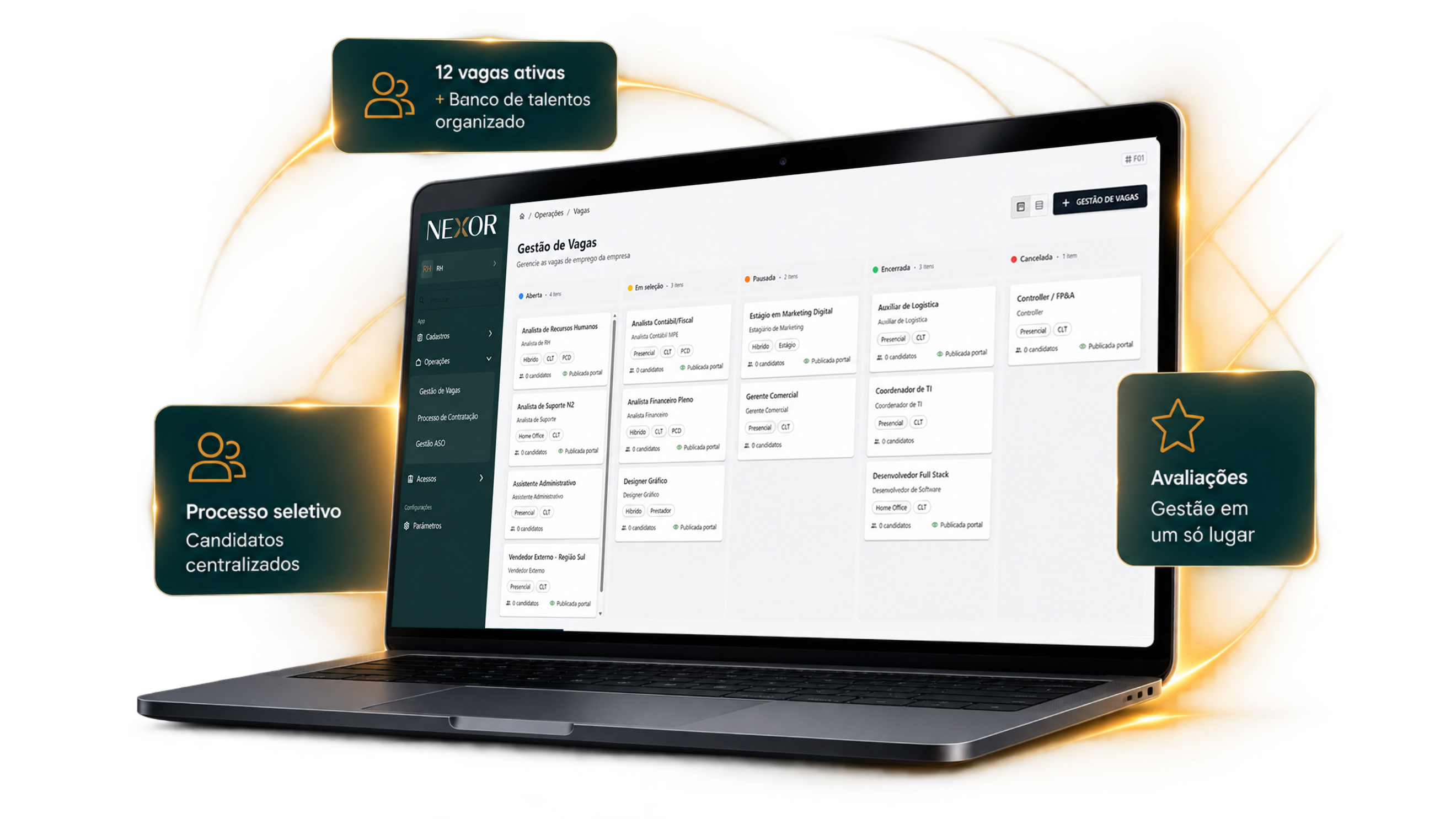 Nexor RH — Gestão de Vagas no notebook com processo seletivo e avaliações